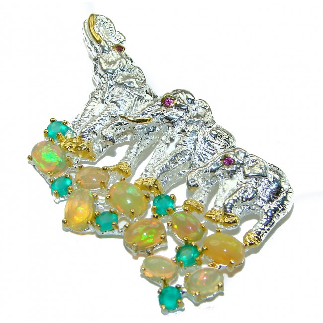 Three Elephants Bird Natural Ethiopian Opal Emerald .925 Sterling Silver Brooch