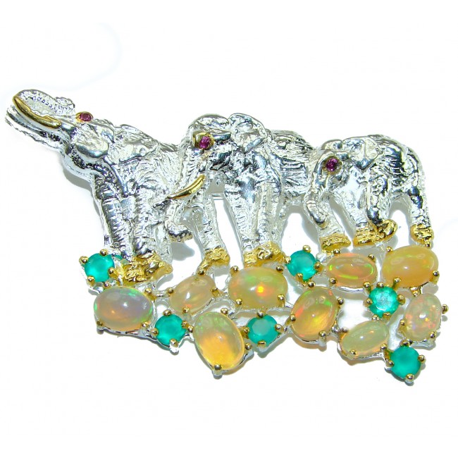 Three Elephants Bird Natural Ethiopian Opal Emerald .925 Sterling Silver Brooch