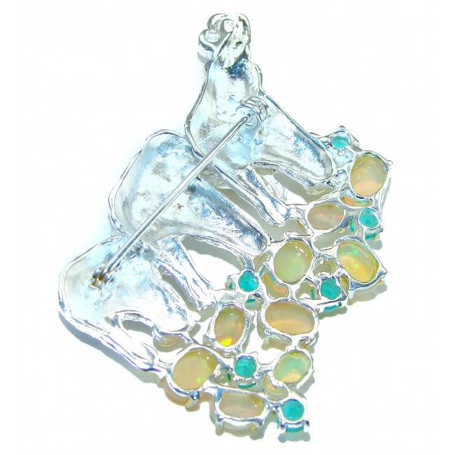 Three Elephants Bird Natural Ethiopian Opal Emerald .925 Sterling Silver Brooch