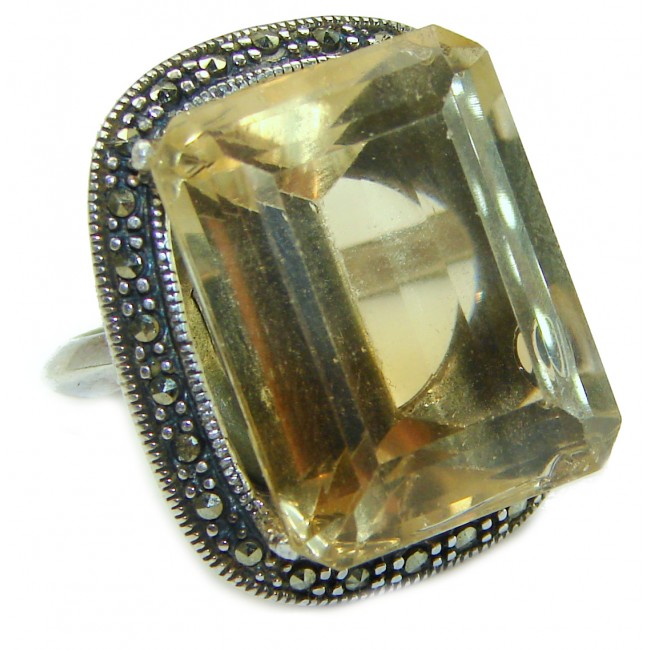 55.5 CARAT baguette cut Breeze Lemon Quartz black diamonds .925 Sterling Silver handmade Large Cocktail Ring size 7