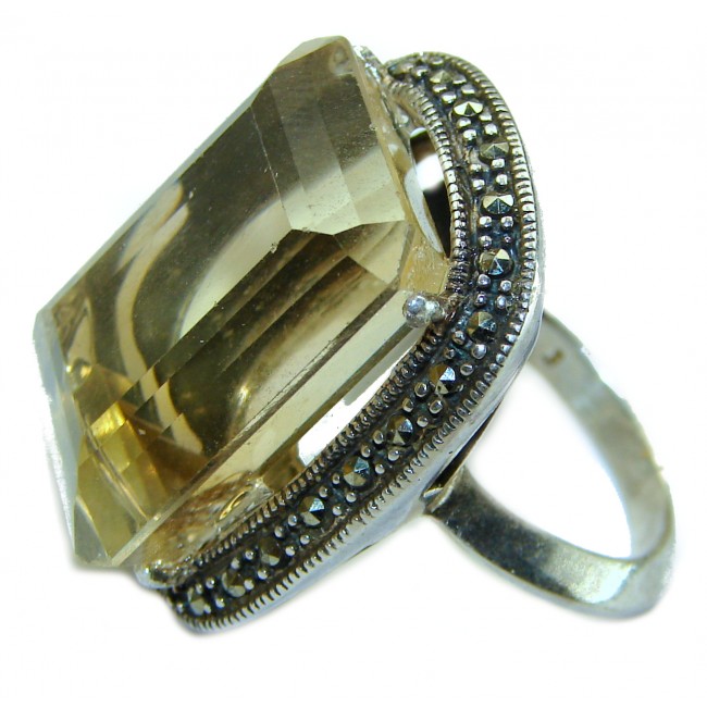 55.5 CARAT baguette cut Breeze Lemon Quartz black diamonds .925 Sterling Silver handmade Large Cocktail Ring size 7