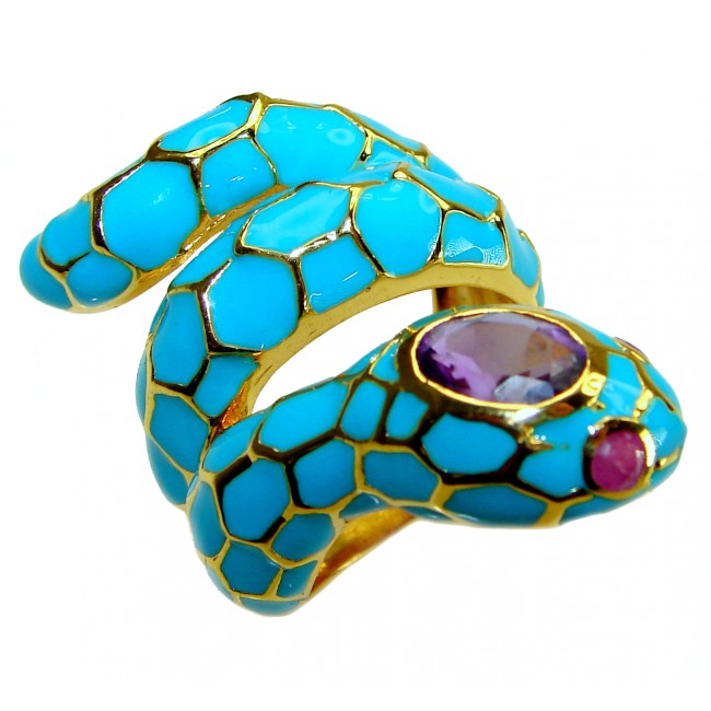 Blue Snake inlay Truquoise Enamel 18K Gold over .925 Sterling Silver Huge handcrafted Ring s. 7 1/4