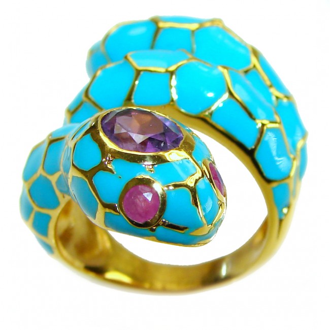 Blue Snake inlay Truquoise Enamel 18K Gold over .925 Sterling Silver Huge handcrafted Ring s. 7 1/4