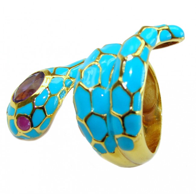 Blue Snake inlay Truquoise Enamel 18K Gold over .925 Sterling Silver Huge handcrafted Ring s. 7 1/4