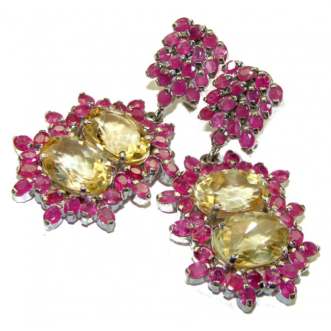 Emily 45.2 carat Lemon Quartz Ruby .925 Sterling Silver handmade Statement earrings