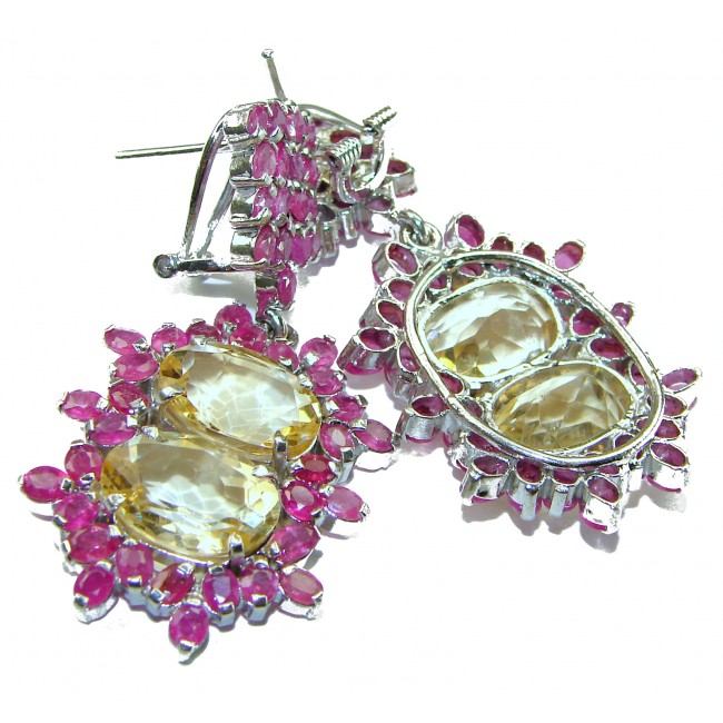 Emily 45.2 carat Lemon Quartz Ruby .925 Sterling Silver handmade Statement earrings