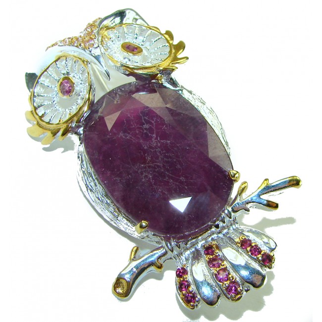 The Red Owl 25.5 carat Great quality unique Ruby 2 tones .925 Sterling Silver handmade Brooch