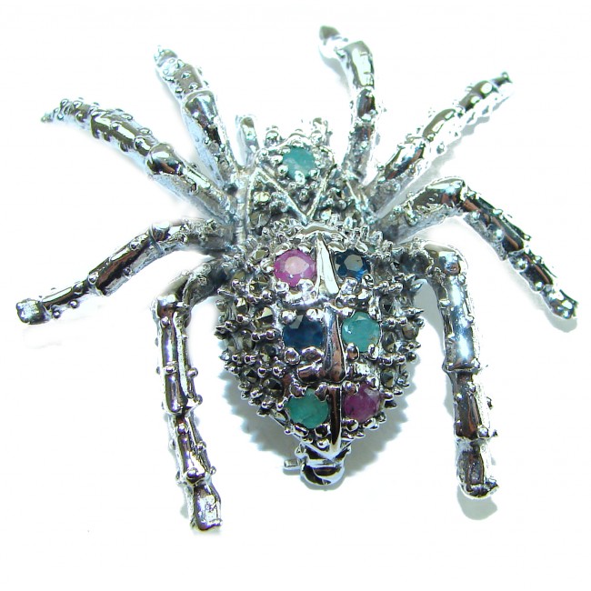 Large Spider genuine Ruby .925 Sterling Silver handmade Pendant - Brooch