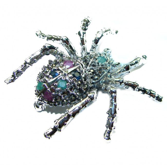 Large Spider genuine Ruby .925 Sterling Silver handmade Pendant - Brooch