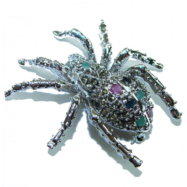 Large Spider genuine Ruby .925 Sterling Silver handmade Pendant - Brooch