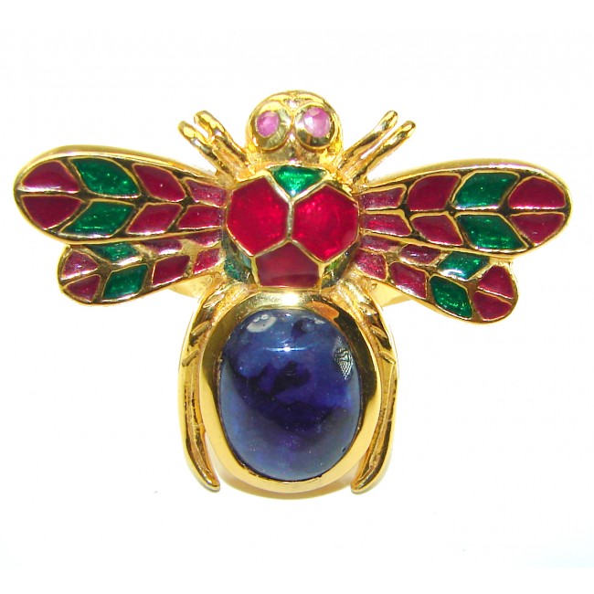 Lucky Bee Enamel Sapphire 18K Gold over .925 Sterling Silver Huge handcrafted Ring s. 6 1/2