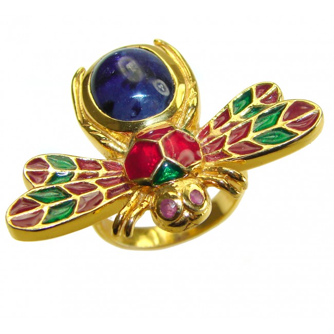 Lucky Bee Enamel Sapphire 18K Gold over .925 Sterling Silver Huge handcrafted Ring s. 6 1/2