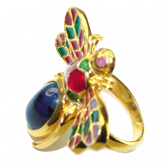 Lucky Bee Enamel Sapphire 18K Gold over .925 Sterling Silver Huge handcrafted Ring s. 6 1/2