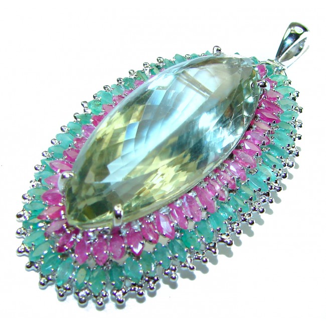 Green Queen marquise cut 55.5 carat Green Amethyst .925 Sterling Silver handcrafted Pendant Brooch