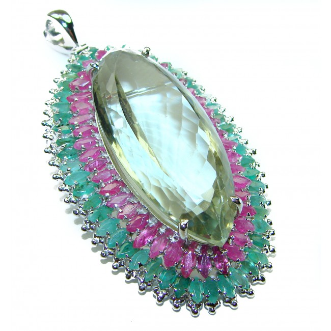 Green Queen marquise cut 55.5 carat Green Amethyst .925 Sterling Silver handcrafted Pendant Brooch