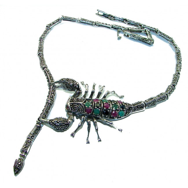 Large SCORPIO Genuine Ruby Emerald Marcasite .925 Sterling Silver handmade handcrafted Necklace