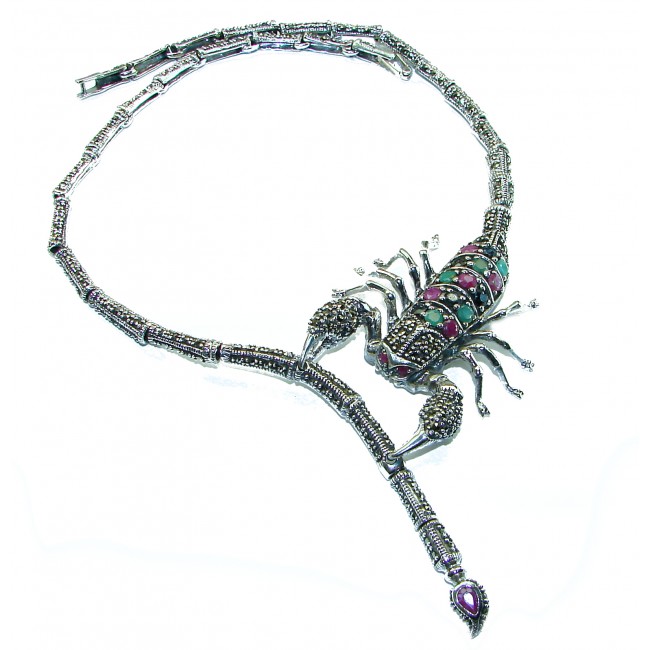 Large SCORPIO Genuine Ruby Emerald Marcasite .925 Sterling Silver handmade handcrafted Necklace