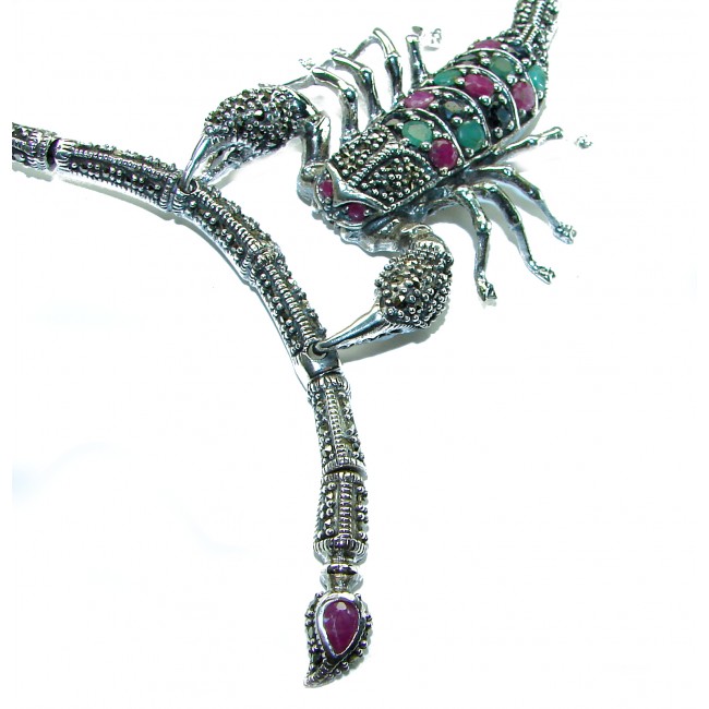 Large SCORPIO Genuine Ruby Emerald Marcasite .925 Sterling Silver handmade handcrafted Necklace