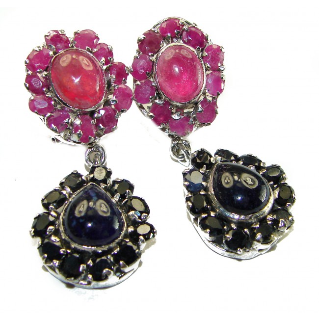 Precious Genuine Ruby Emerald Sapphire .925 Sterling Silver handmade Large Statement earrings