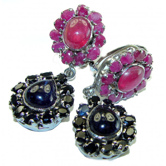 Precious Genuine Ruby Emerald Sapphire .925 Sterling Silver handmade Large Statement earrings