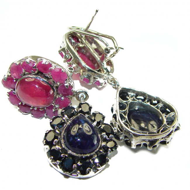 Precious Genuine Ruby Emerald Sapphire .925 Sterling Silver handmade Large Statement earrings