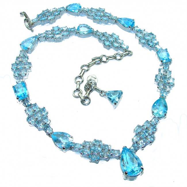 Ocean Drops authentic 202.5 CARAT Swiss Blue Topaz .925 Sterling Silver handcrafted Statement necklace