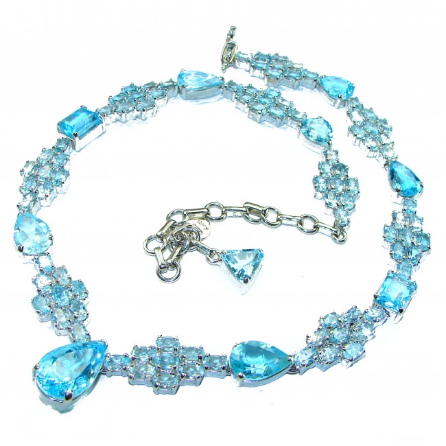 Ocean Drops authentic 202.5 CARAT Swiss Blue Topaz .925 Sterling Silver handcrafted Statement necklace