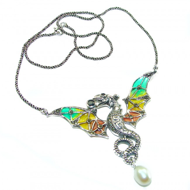 Awesome Flying Dragon Natural Enamel .925 Silver handcrafted Necklace