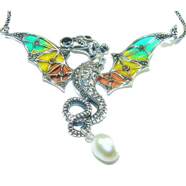 Awesome Flying Dragon Natural Enamel .925 Silver handcrafted Necklace