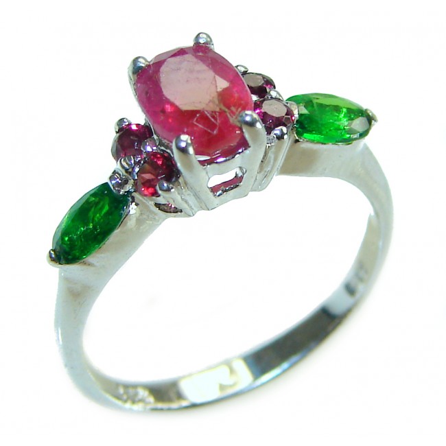 Authentic 2.1 carat Ruby Emerald .925 Sterling Silver handmade Cocktail Ring s. 7 1/2