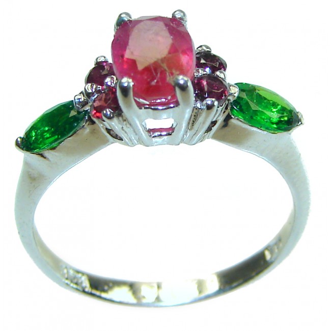 Authentic 2.1 carat Ruby Emerald .925 Sterling Silver handmade Cocktail Ring s. 7 1/2