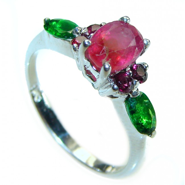 Authentic 2.1 carat Ruby Emerald .925 Sterling Silver handmade Cocktail Ring s. 7 1/2