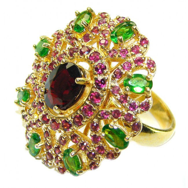 Rose Garden authentic 5.2 carat Garnet Emerald 14K Gold over .925 Sterling Silver handcrafted ring size 8