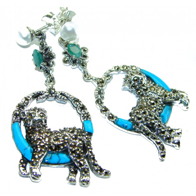 Two resting Panthers Turquoise Ruby Marcasite .925 Sterling Silver earrings