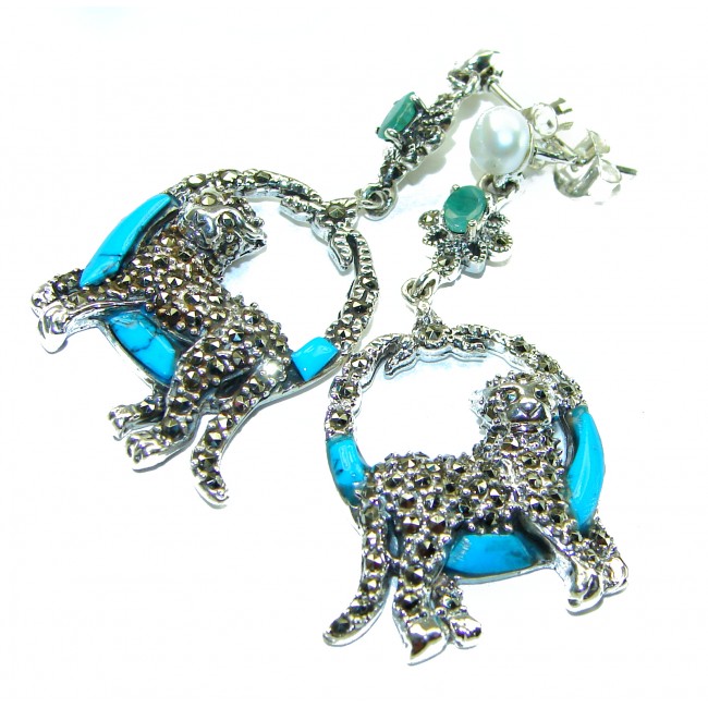 Two resting Panthers Turquoise Ruby Marcasite .925 Sterling Silver earrings