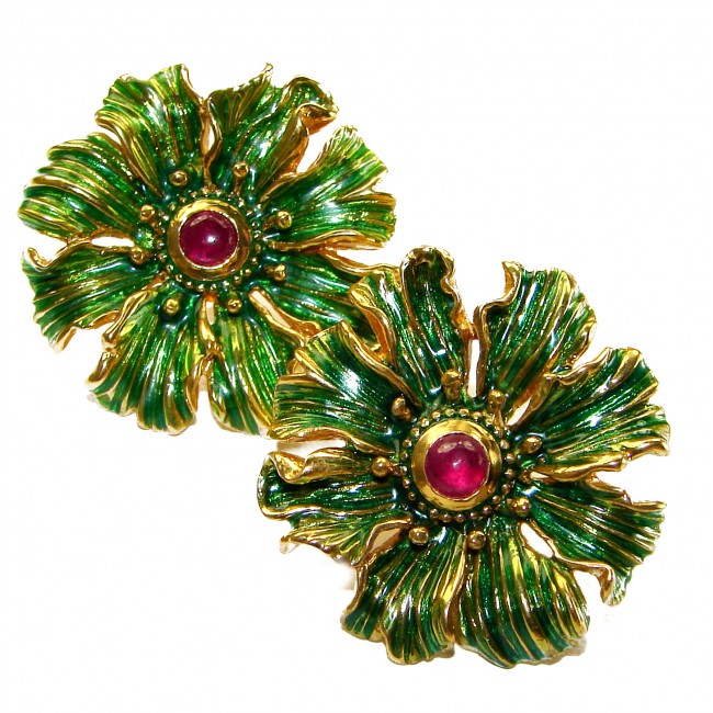 Green Royalty authentic Ruby Enamel 18K Gold over .925 Sterling Silver handcrafted earrings