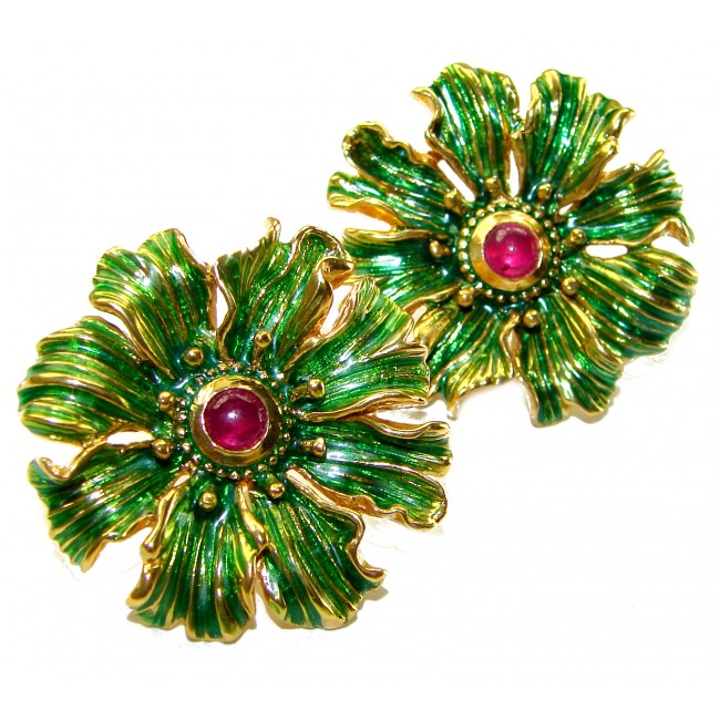 Green Royalty authentic Ruby Enamel 18K Gold over .925 Sterling Silver handcrafted earrings