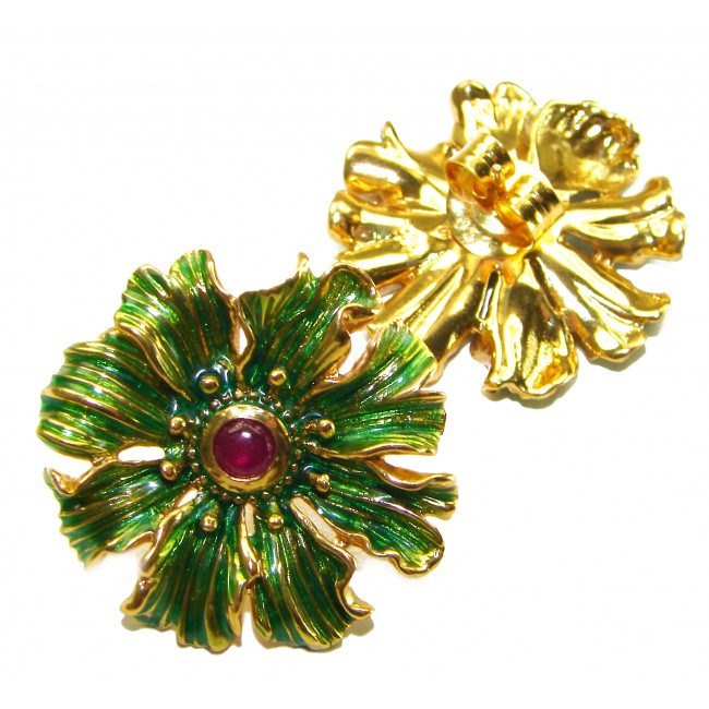 Green Royalty authentic Ruby Enamel 18K Gold over .925 Sterling Silver handcrafted earrings