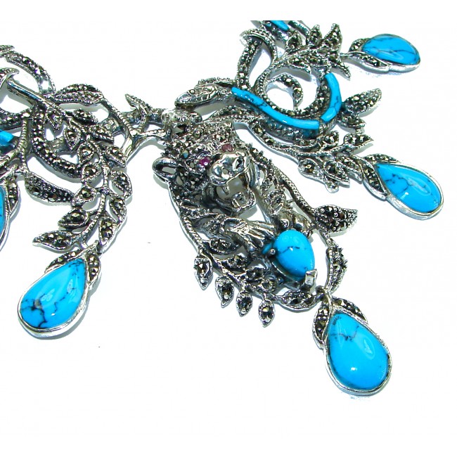 HUGE authentic Turquoise Marcasite Leopard .925 Sterling Silver handcrafted necklace