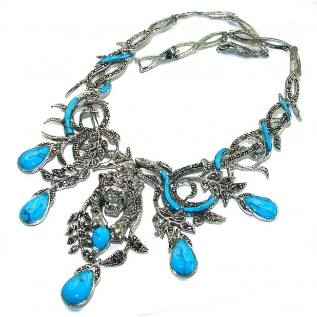 HUGE authentic Turquoise Marcasite Leopard .925 Sterling Silver handcrafted necklace