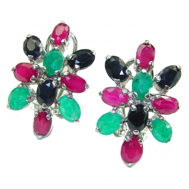 Precious Genuine Ruby Emerald Sapphire .925 Sterling Silver handmade earrings