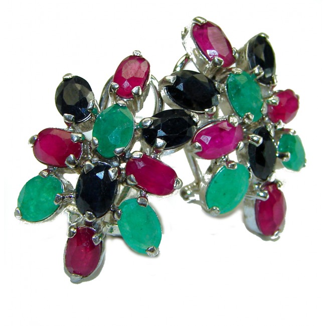 Precious Genuine Ruby Emerald Sapphire .925 Sterling Silver handmade earrings