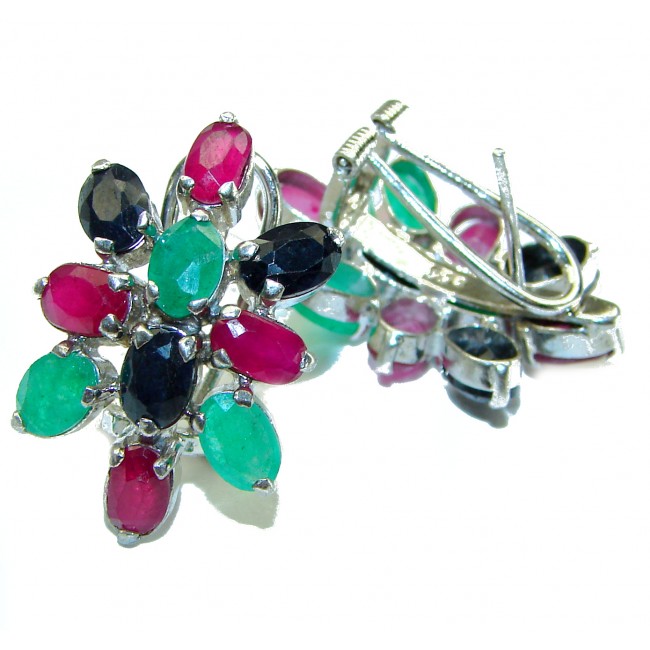 Precious Genuine Ruby Emerald Sapphire .925 Sterling Silver handmade earrings