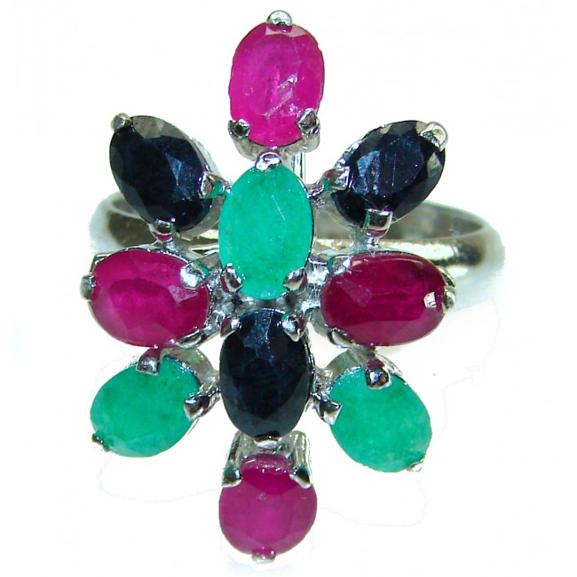 Precious Genuine Ruby Emerald Sapphire .925 Sterling Silver handmade ring size 8 1/4