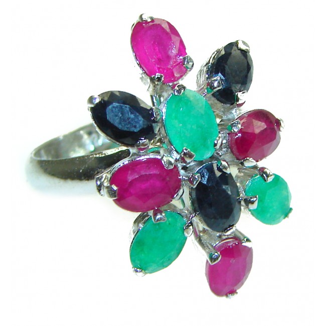 Precious Genuine Ruby Emerald Sapphire .925 Sterling Silver handmade ring size 8 1/4