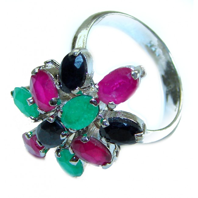 Precious Genuine Ruby Emerald Sapphire .925 Sterling Silver handmade ring size 8 1/4