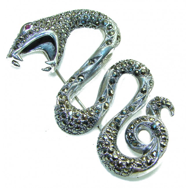 Large 2 1/2 inches long Cobra Snake genuine Marcasite .925 Sterling Silver handmade Pendant Brooch