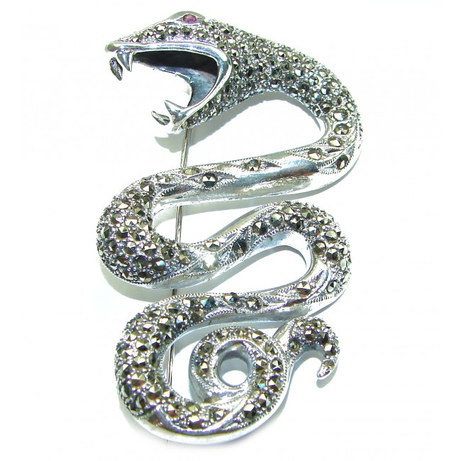 Large 2 1/2 inches long Cobra Snake genuine Marcasite .925 Sterling Silver handmade Pendant Brooch