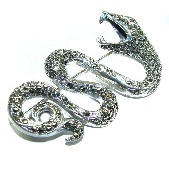 Large 2 1/2 inches long Cobra Snake genuine Marcasite .925 Sterling Silver handmade Pendant Brooch