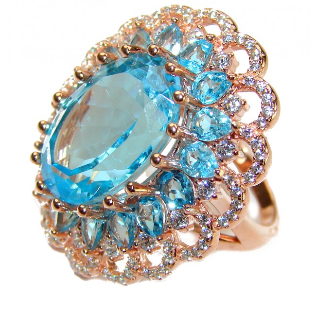 Electric Blue 28.5 carat Blue Swiss Topaz 14K Gold over .925 Sterling Silver handcrafted Ring size 6 1/4